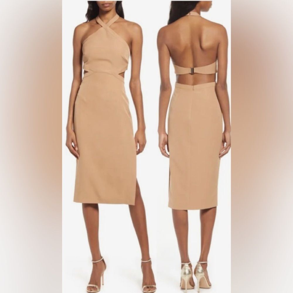 BARDOT Amara Beige Caramel Cutout Halter Midi Dress Size 6